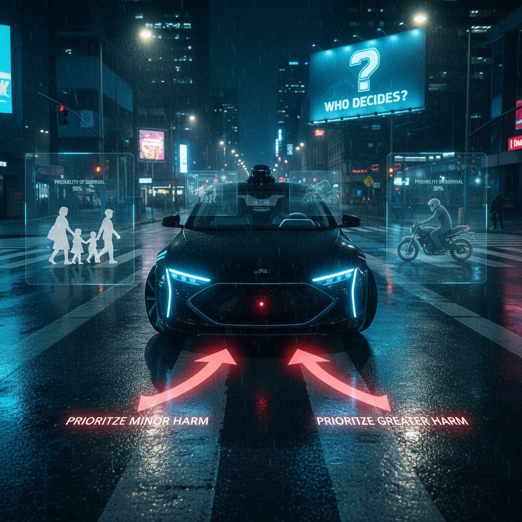 Autonomiczny samochód na ulicy nocą, z ludźmi w tle, symbolizujący dylematy moralne AI