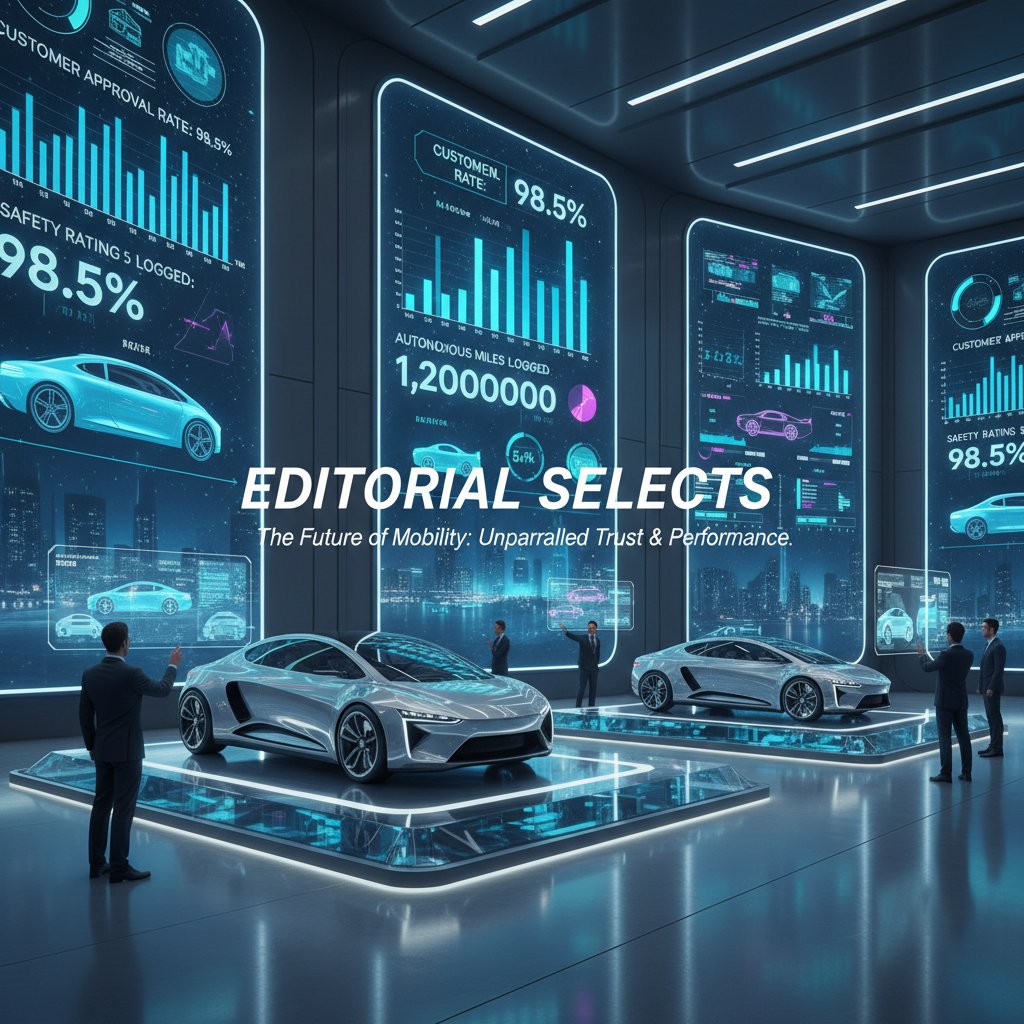 Autonomous car showroom with digital screens projecting approval rates, the future of car loan approvals in sleek editorial style