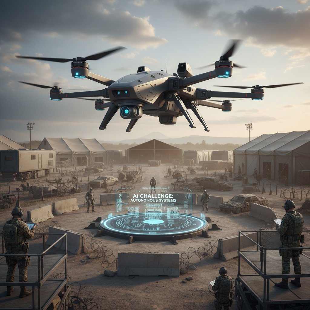 Zdjęcie autonomicznego drona wojskowego na poligonie, podkreślającego nowe wyzwania AI