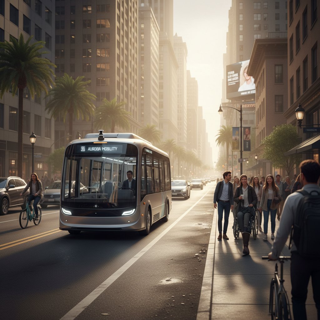 Autonomous shuttle operating on a city street among people