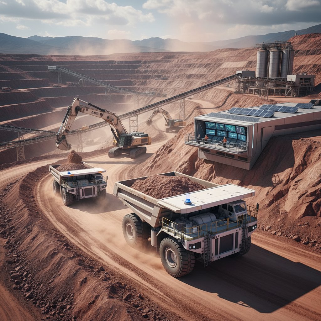 Zdjęcie autonomicznej ciężarówki na tle kopalni odkrywkowej, symbolizujące automatyzację przemysłu
