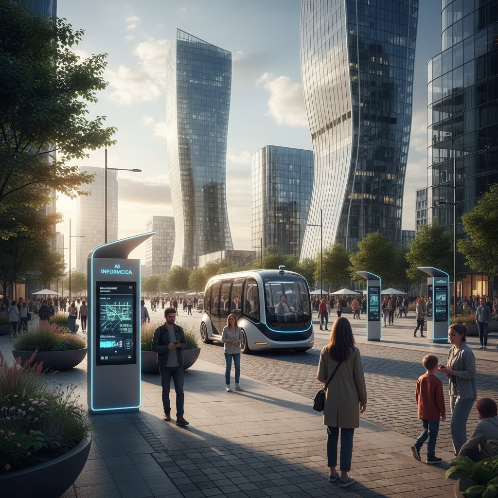 Samochód autonomiczny w polskim mieście i ludzie korzystający z AI