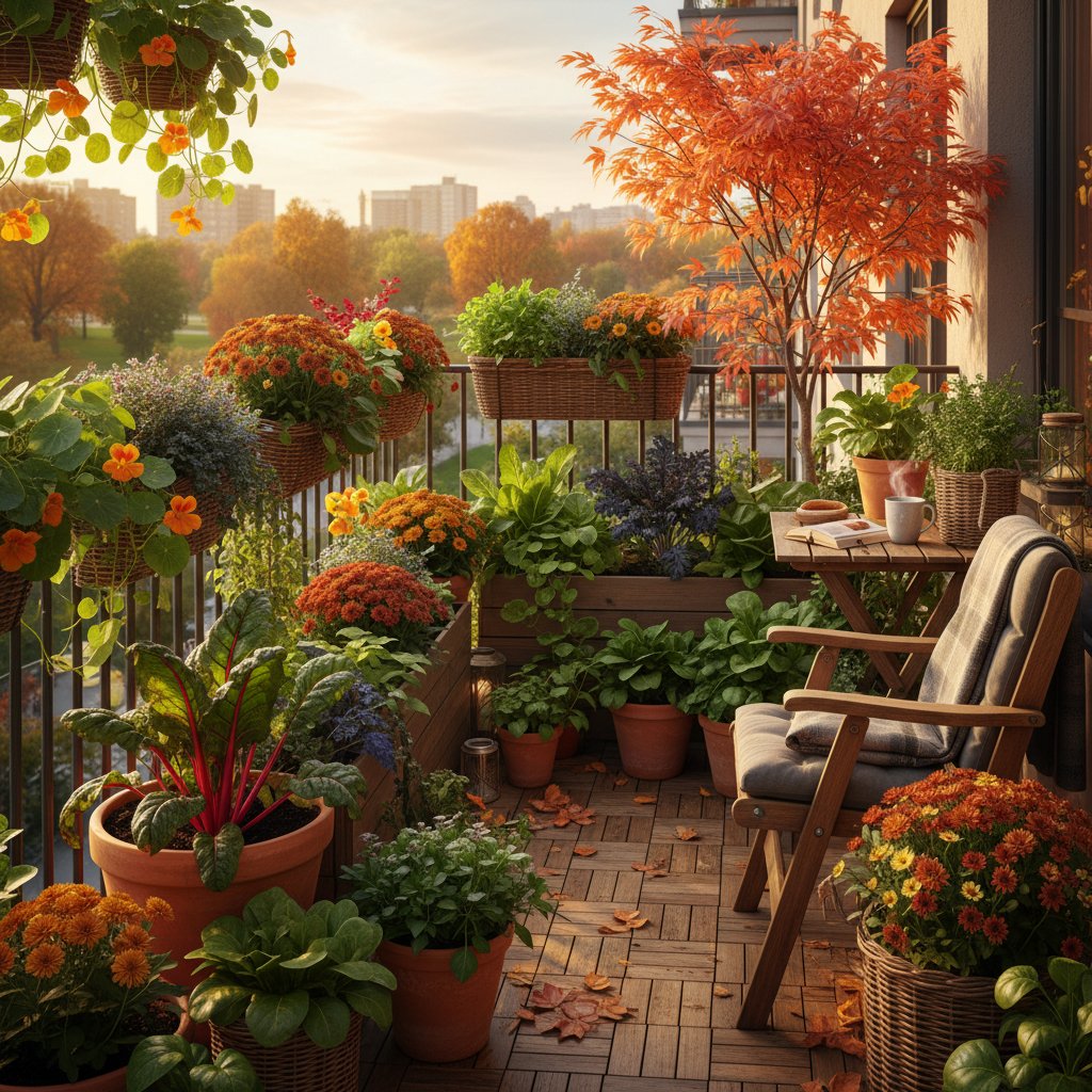 Jesienny balkon z donicami pełnymi zielonych warzyw liściastych