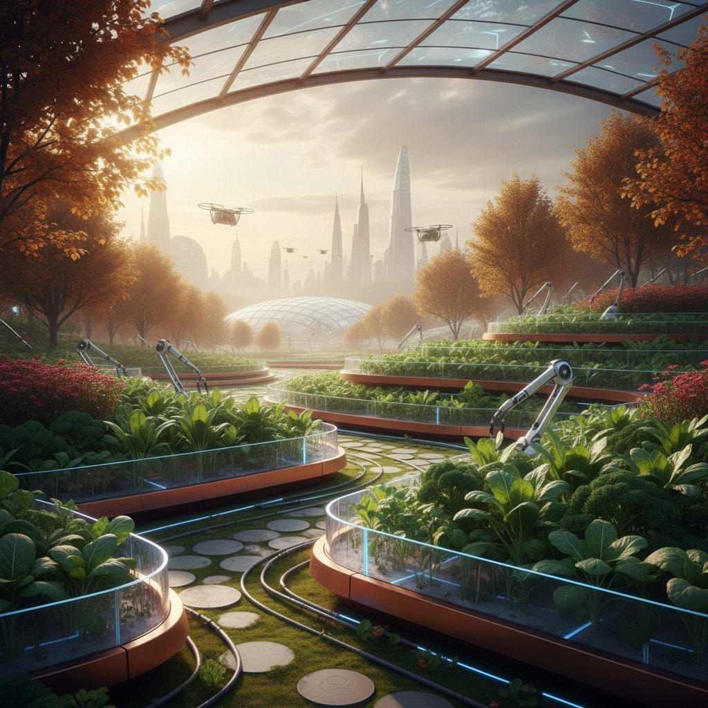 Ogród pełen zieleni jesienią z widokiem na przyszłe plony