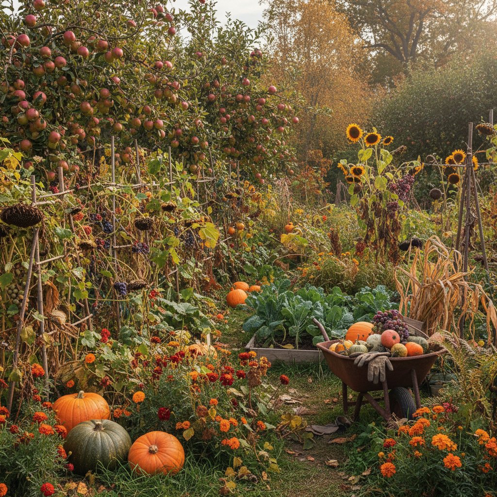 Jesienny ogród z mnóstwem plonów i dziką roślinnością