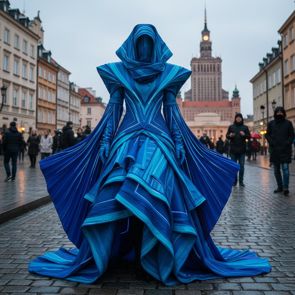 Awangardowa moda w niebieskim na ulicy Warszawy – model w intensywnie niebieskiej stylizacji