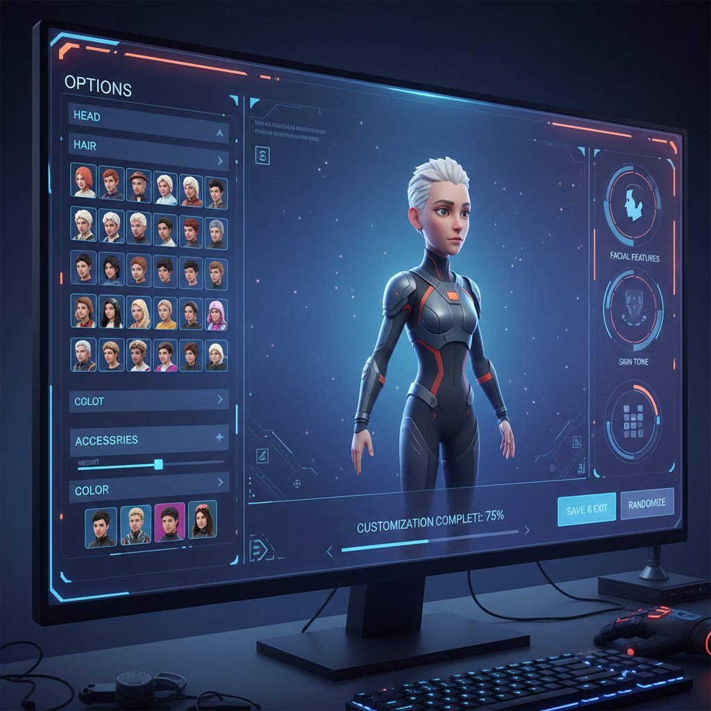 Proces personalizacji avatara na monitorze z widocznym edytorem i panelami opcji