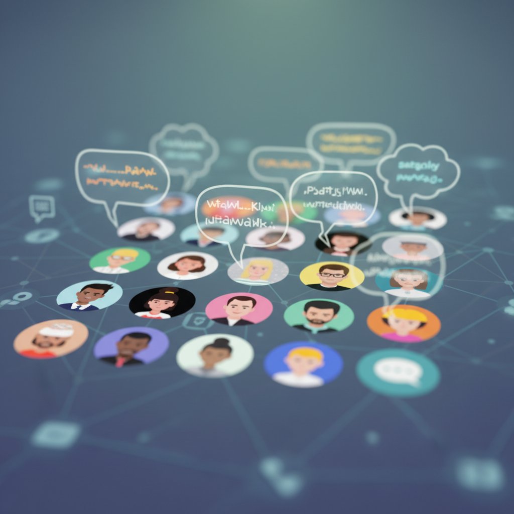 Awatary wymieniające zniekształcone wiadomości online, symbolizujące projekcję w sieci