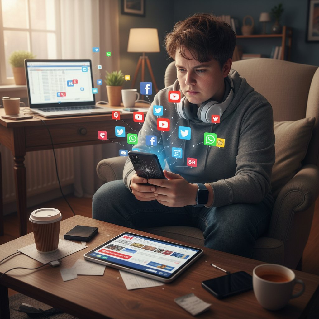 Przeciętny Polak przeglądający wiele urządzeń, otoczony ekranami i powiadomieniami