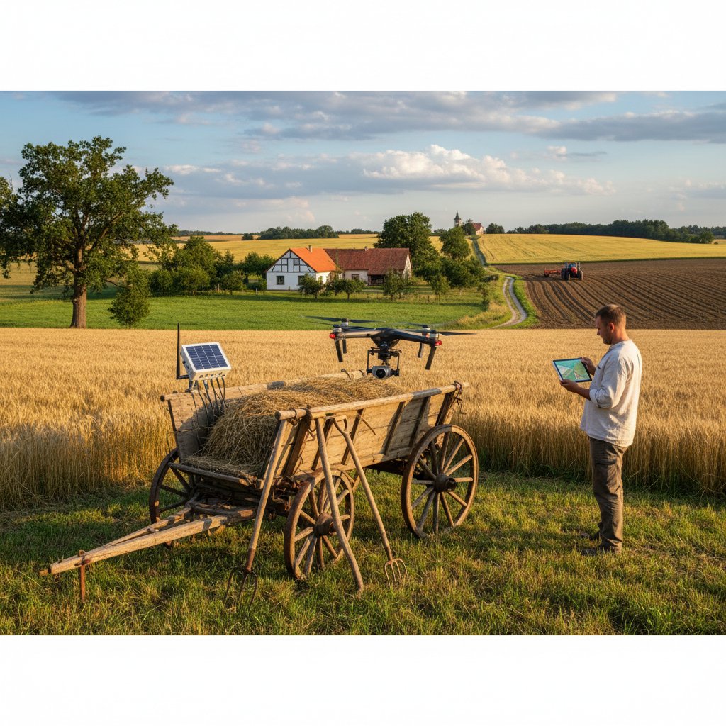 Średniej wielkości gospodarstwo w centralnej Polsce, tradycyjne narzędzia i pojedyncze nowoczesne czujniki
