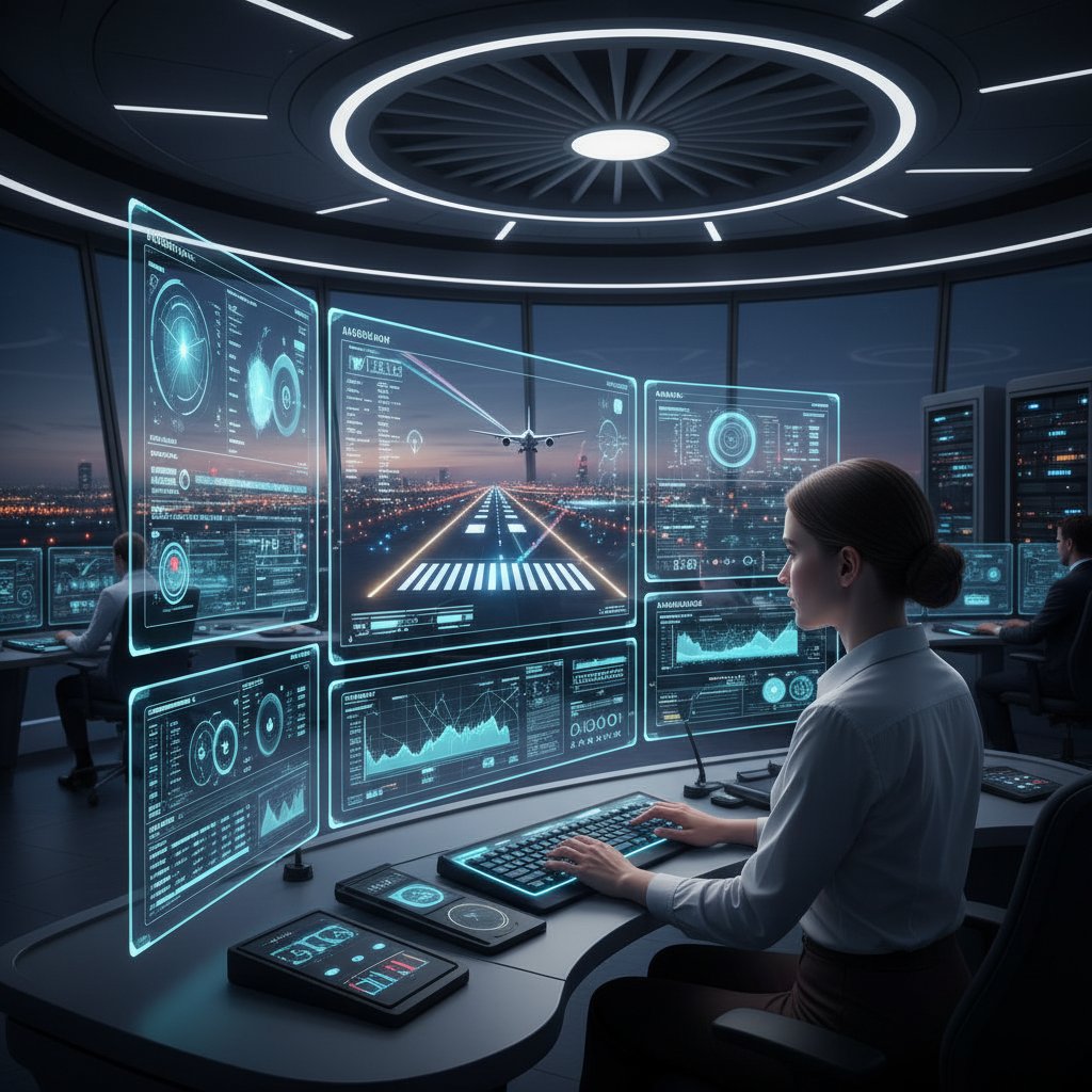 Aviation engineers and AI specialists working on tablet in airport control room