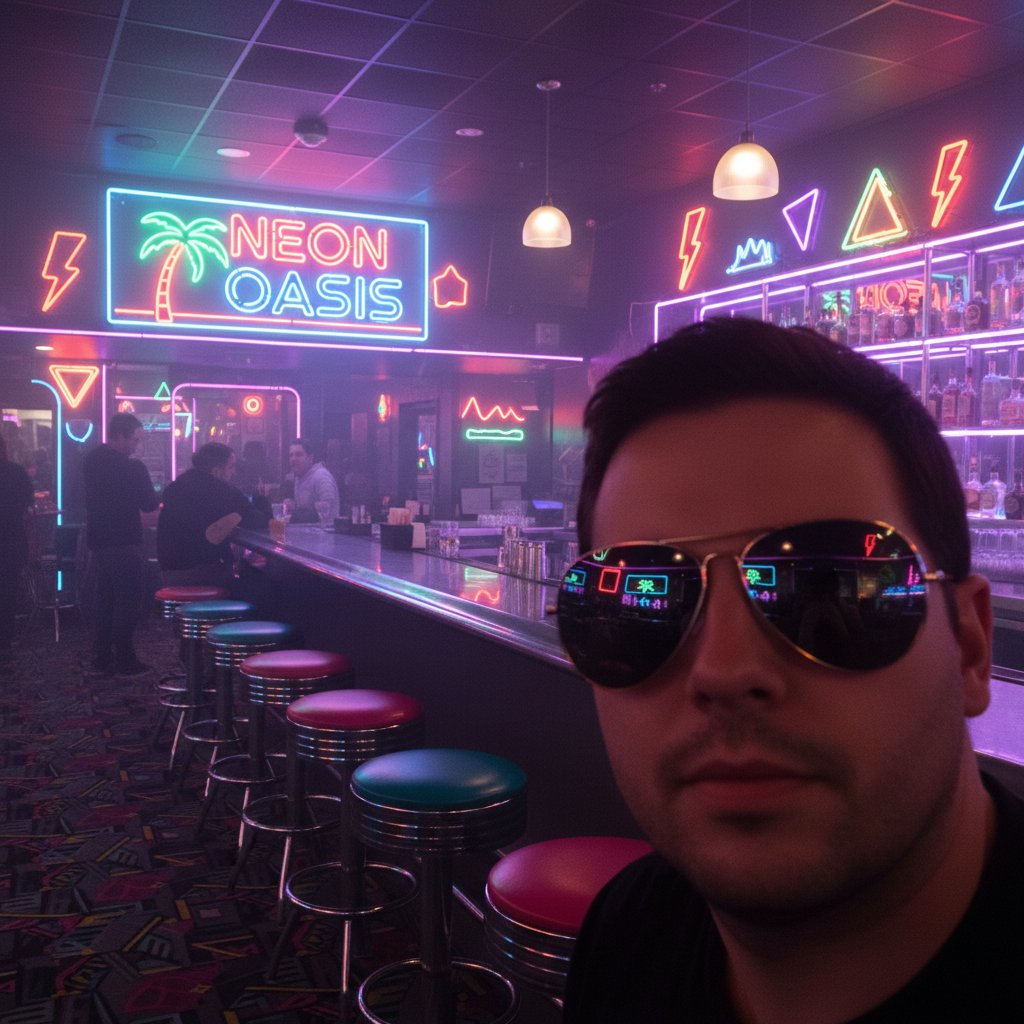 Aviators in a neon bar, retro 80s atmosphere, capturing Top Gun nostalgia and camaraderie