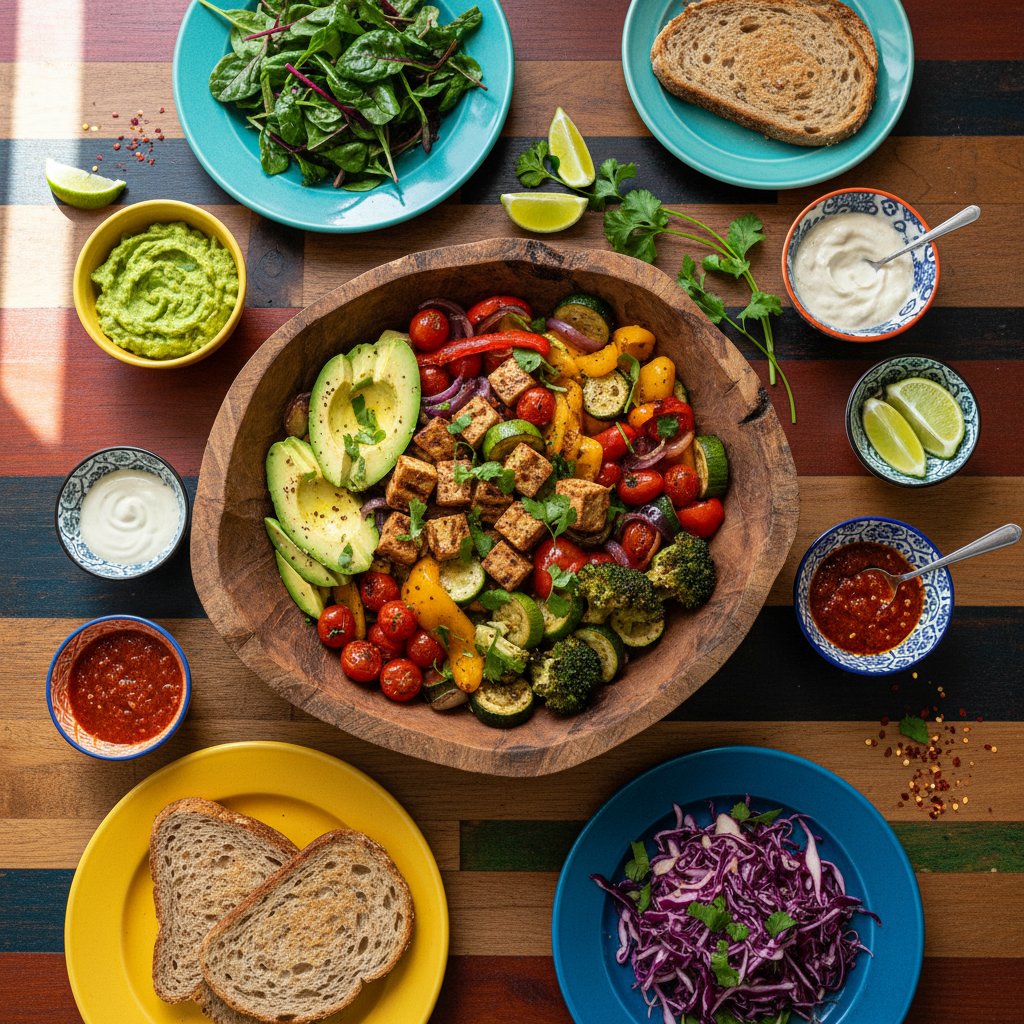 Soczyste dania niskokaloryczne z widocznym awokado, tofu i warzywami na kolorowym stole