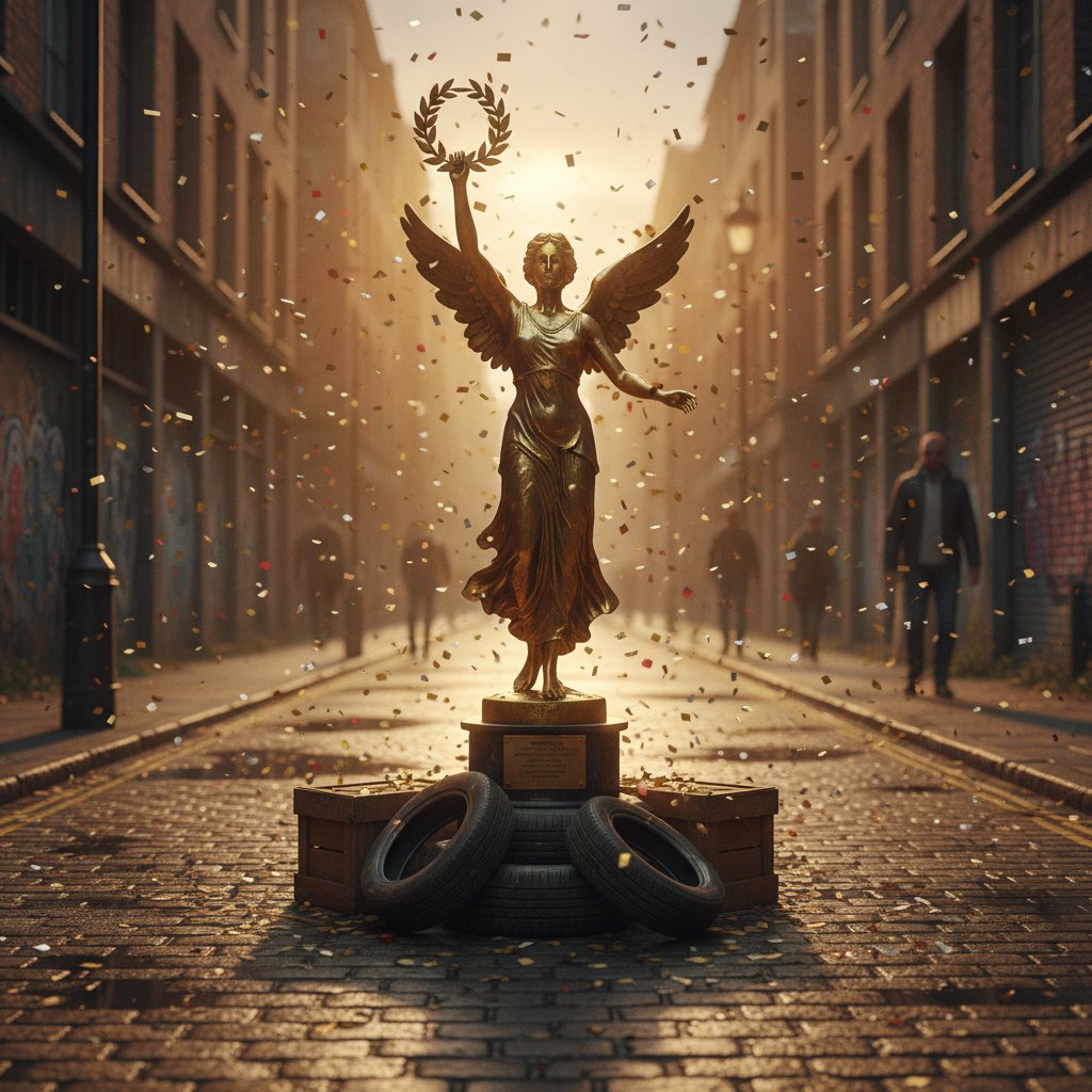 Dramatic golden hour photo of award statue on gritty Argentinian street with confetti, triumphant mood