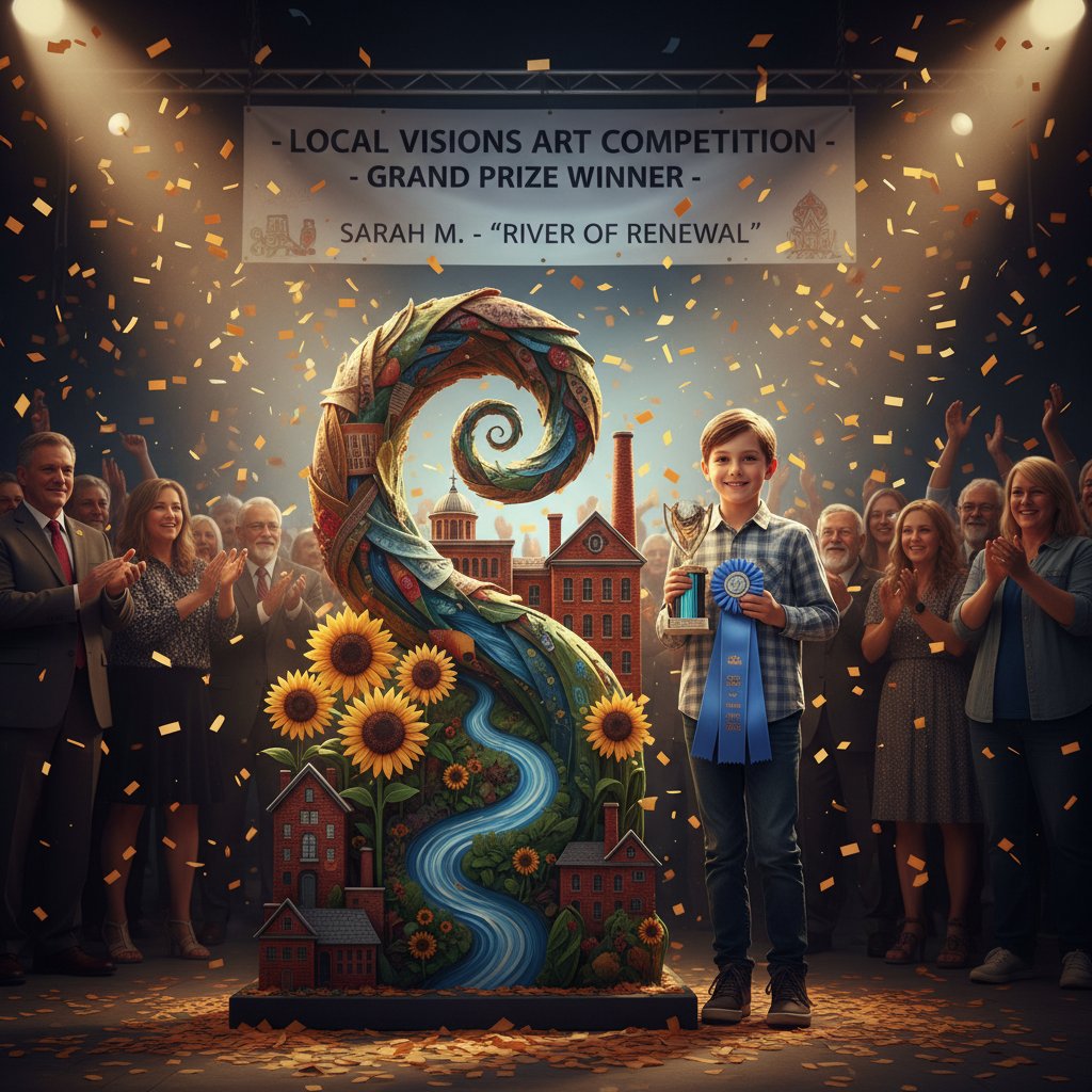 Nagrodzony obraz inspirowany motywami lokalnymi, prezentowany przez młodą artystkę na konkursie, dynamiczne światło