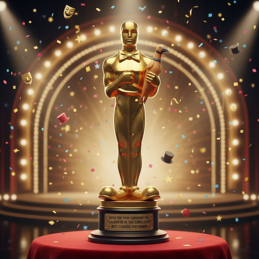 Awards statuette turning away from comedic performer, symbolizing comedy's outsider status in major film awards