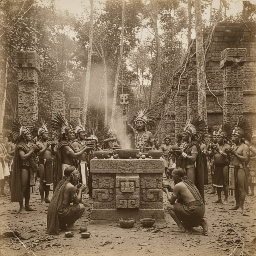 Rekonstrukcja azteckiego rytuału z użyciem kakao — ilustracja historycznych korzeni teobrominy