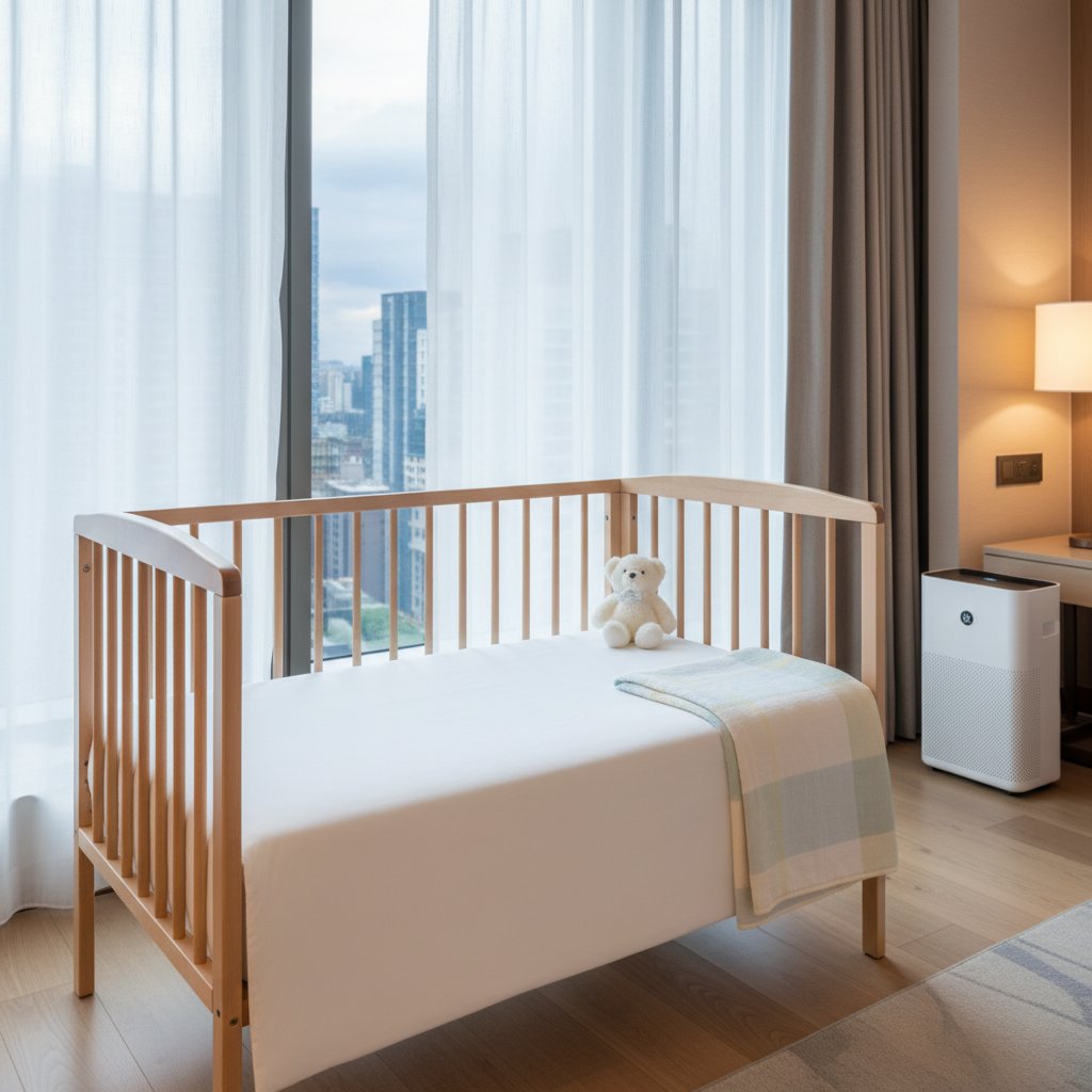 Dziecko z objawami alergii siedzi na hotelowym łóżeczku, w tle klimatyzacja i ciężkie zasłony