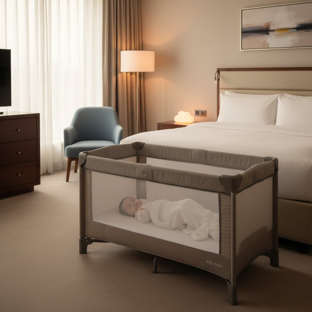 Małe dziecko leżące w łóżeczku hotelowym, zaciekawione nowym otoczeniem, subtelne oświetlenie, wyciszający klimat