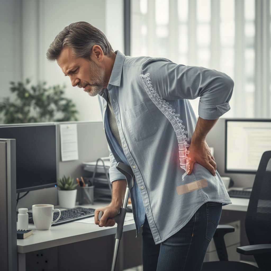 Młody mężczyzna siedzący przy biurku z wyraźnym dyskomfortem i ręką na plecach; słowa kluczowe: powikłania po dyskektomii, ból pleców, skutki uboczne operacji
