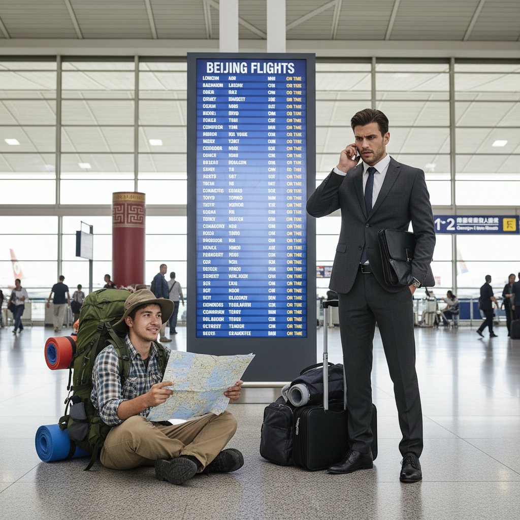 Młody backpacker i elegancki biznesmen na lotnisku, różne style podróży