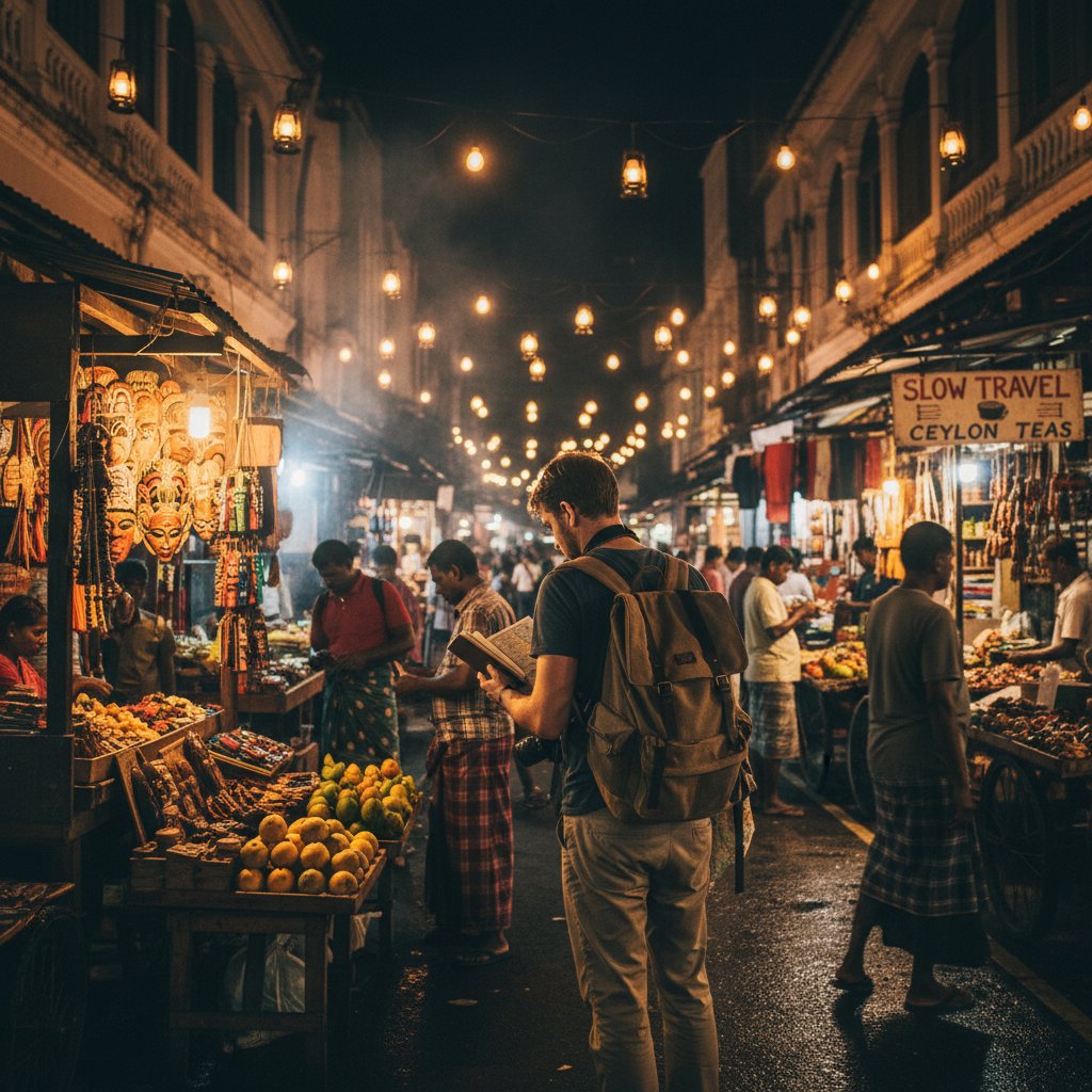 Backpacker exploring street markets during Colombo layover, vibrant night scene, representing slow travel and creative routing
