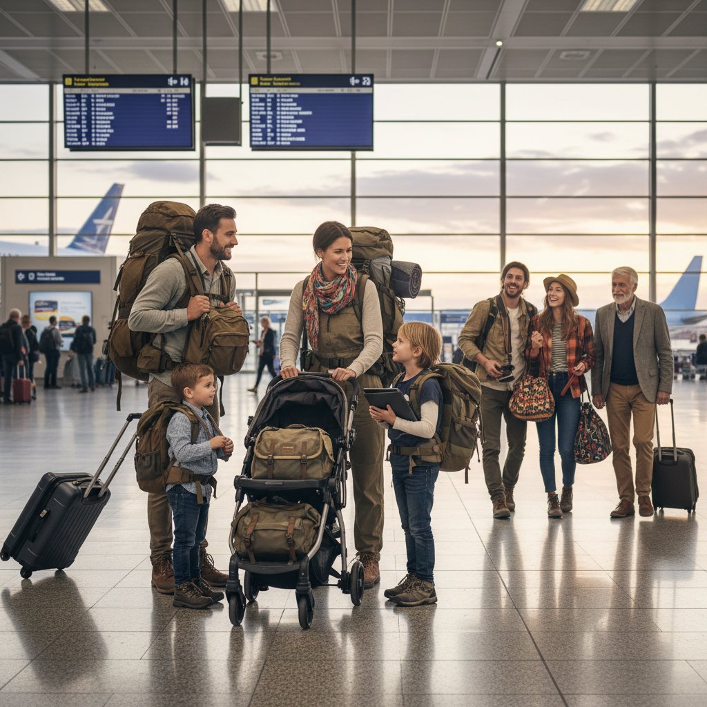 Trzy osoby na lotnisku: backpacker z plecakiem, rodzina z dziećmi, freelancerka z laptopem i walizką