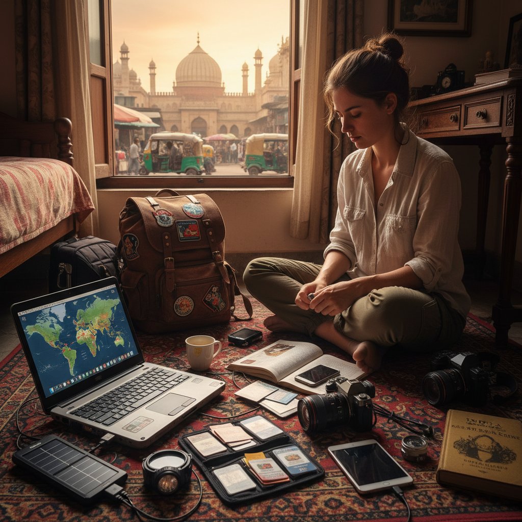 Backpacker organizing tech gear and SIM cards before trip to Delhi
