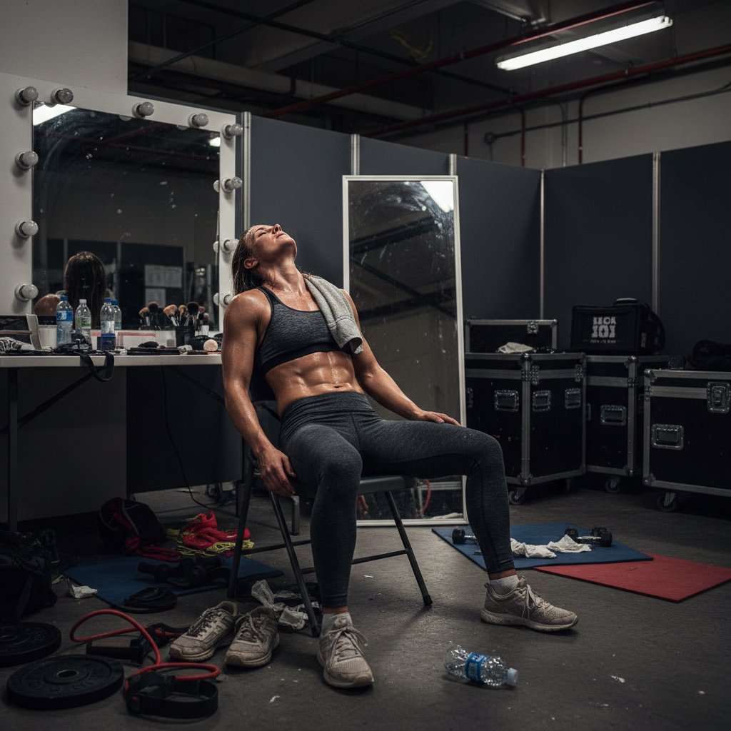 Zmęczona gwiazda podczas intensywnego treningu za kulisami