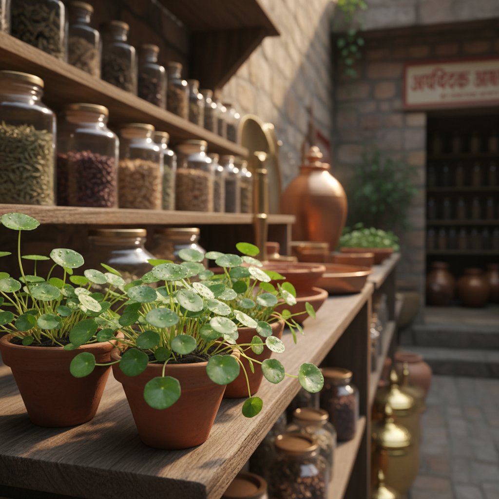 Bakopa drobnolistna w tradycyjnej indyjskiej aptece – liście zioła i historyczne naczynia
