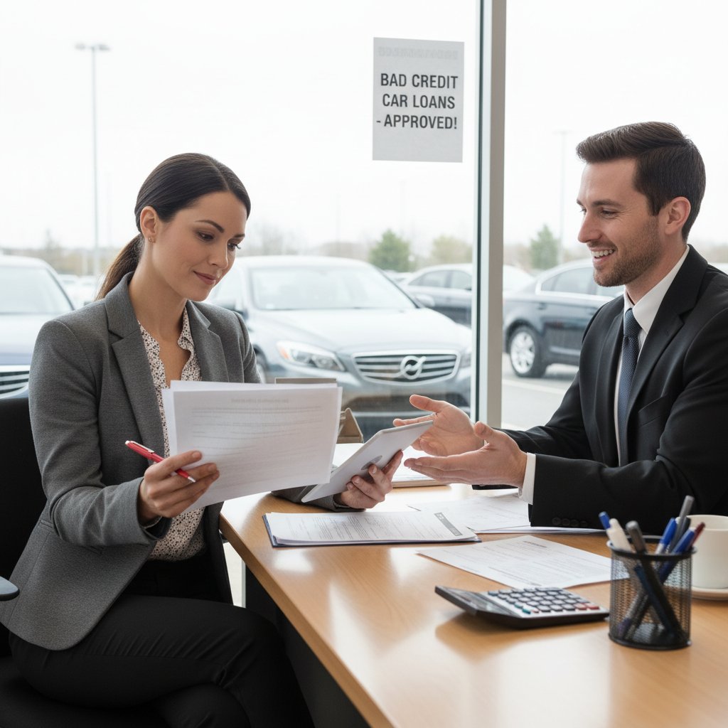 Preparing for bad credit car loan approval, confident buyer, reviewing documents at home, open laptop, car financing tips for bad credit