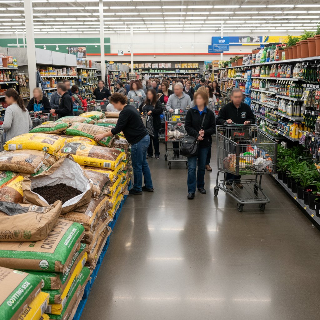 Worki z ziemią w supermarkecie, widoczna etykieta, zatłoczone alejki