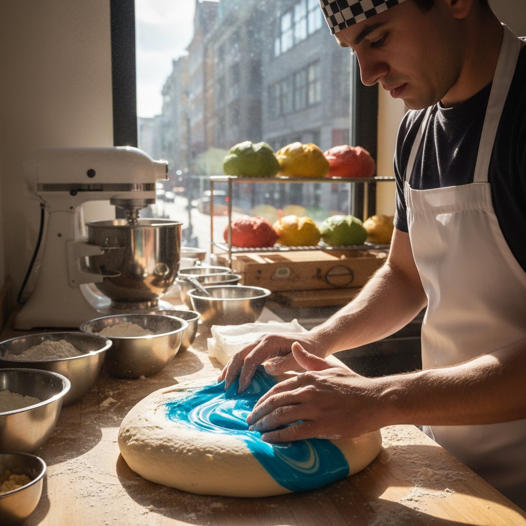 Pracownik piekarni dodaje barwniki do ciasta na chleb