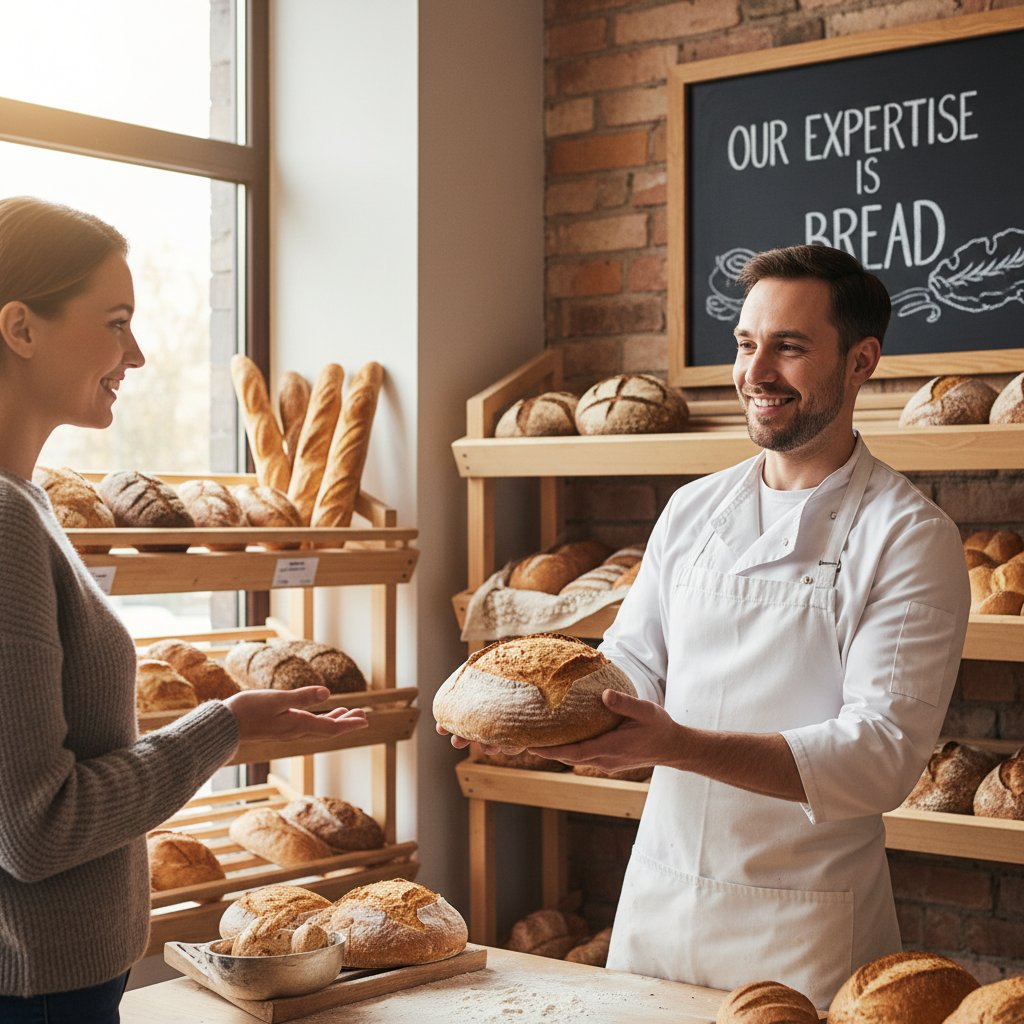Mistrz piekarski rozmawia z klientem w lokalnej piekarni, dzieląc się wiedzą o chlebie
