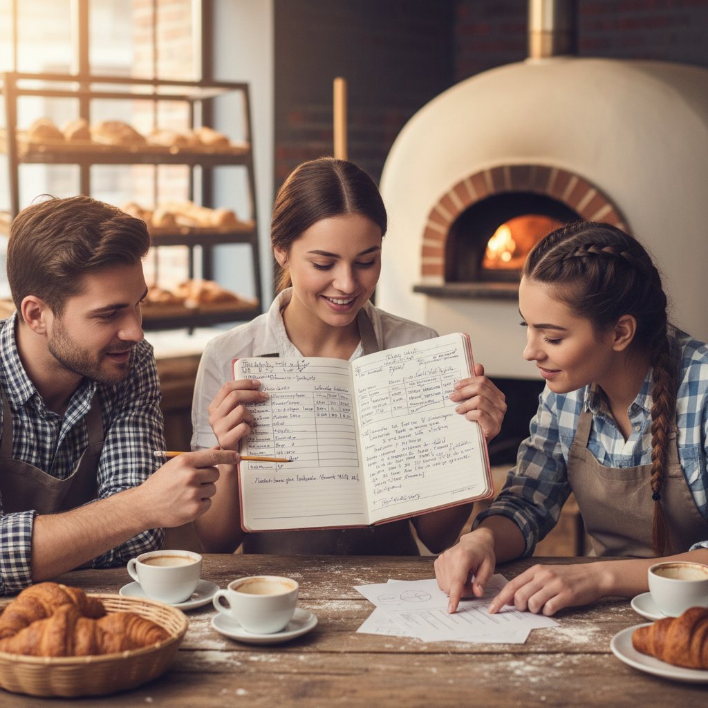 Bakery staff analyzing handwritten sales data together, focusing on actionable insights from simple data tools