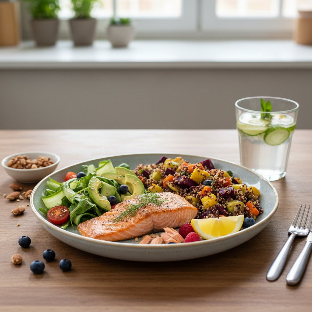 Zbilansowany posiłek po oczyszczaniu, naturalne światło, przeczyszczanie, dieta, powrót do zdrowia