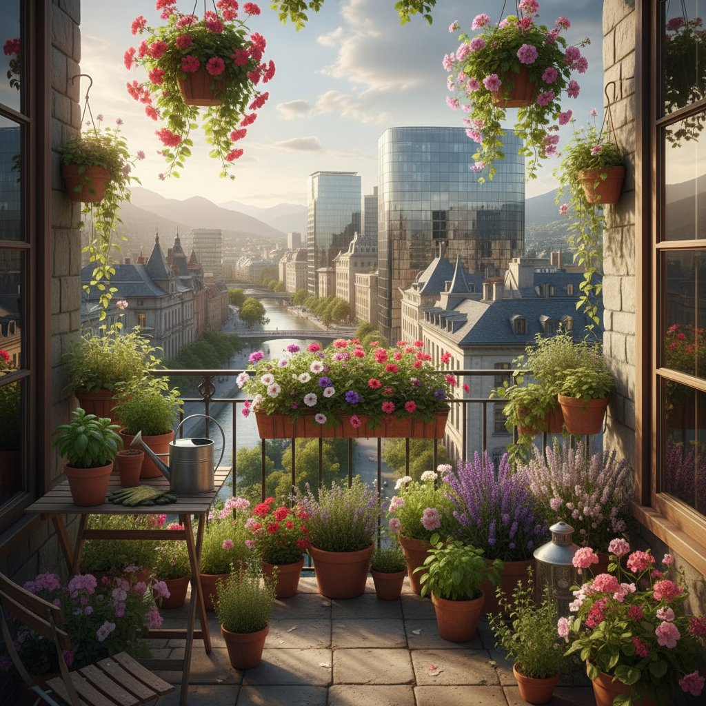 Balkon z doniczkami pełnymi kwitnących ziół i kwiatów na tle miasta