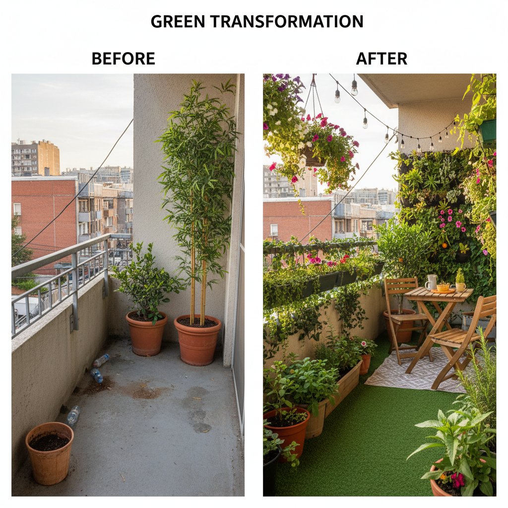 Zdjęcie „przed i po” balkonowej metamorfozy, inspirujące do działania