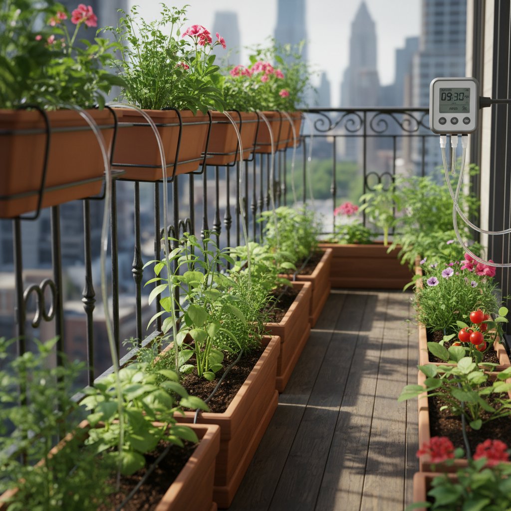 Balkon z roślinami podlewanymi za pomocą systemu kroplowego