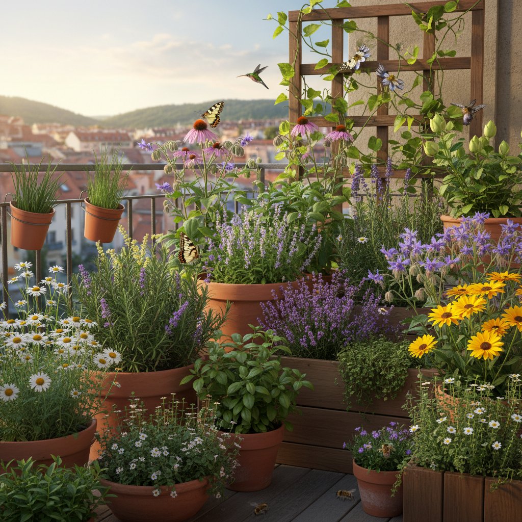 Balkonowy mini-ogródek z doniczkami ziołowymi i kwiatami miododajnymi