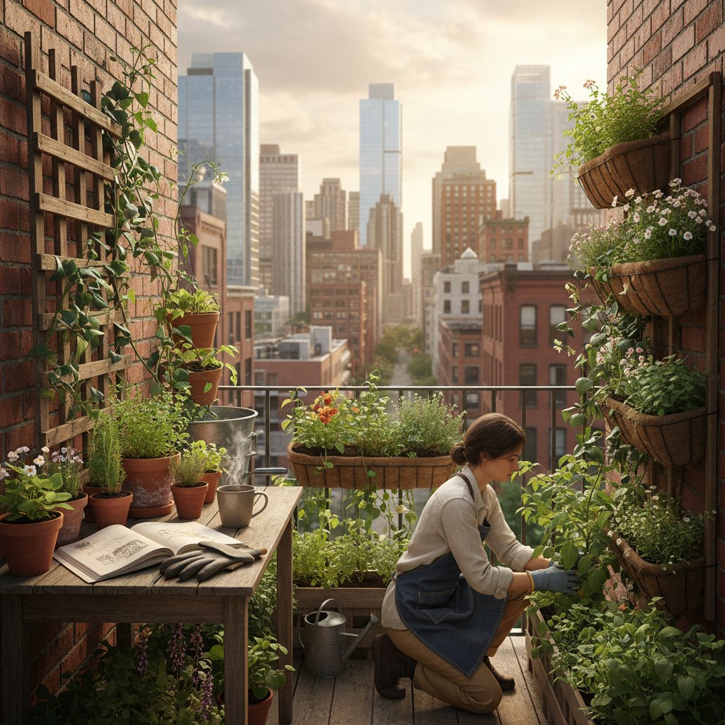 Balkon pełen roślin i otwarty dziennik pośród zieleni, dziennik ogrodnika miejskiego