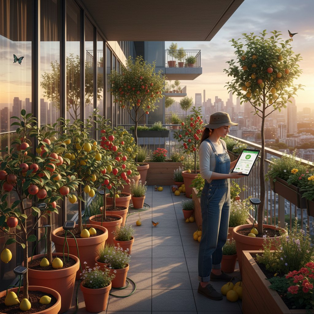 Kolaż: mały balkon z ziołami, sad z drzewami, ogrodnik korzystający z aplikacji