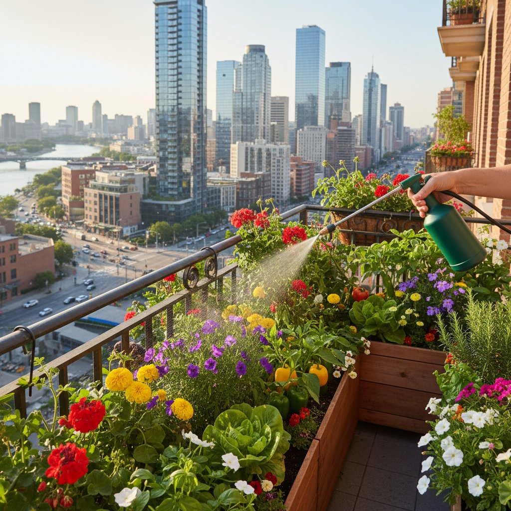 Balkonowy ogródek z różnorodnymi roślinami, opryskiwacz w ręce, kwiaty i warzywa, miejskie tło
