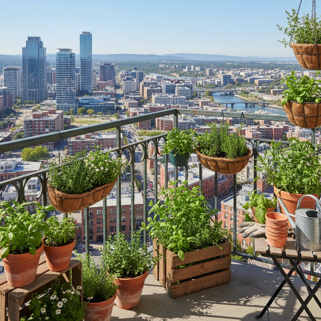 Balkonowy ogród ziołowy w mieście – rośliny w doniczkach, z widokiem na blokowisko