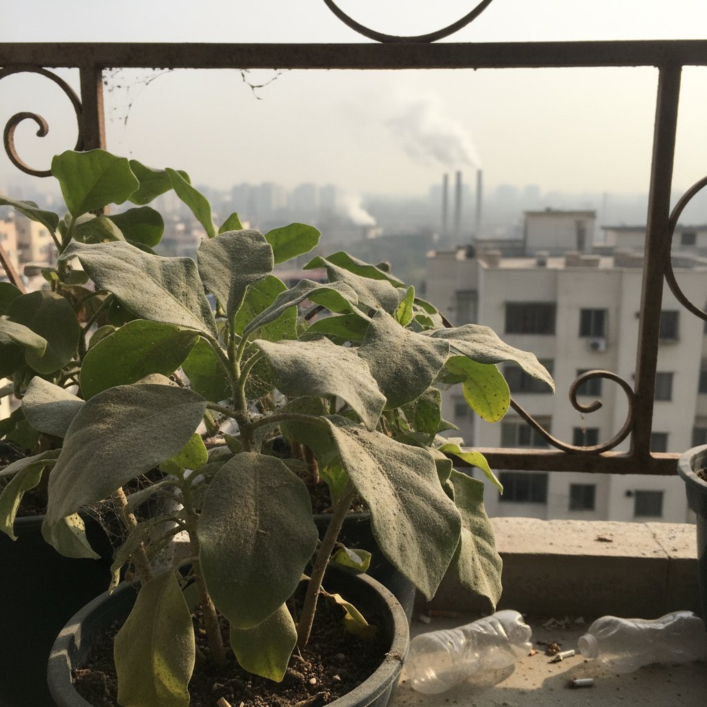 Balkon z liśćmi pokrytymi pyłem i śladami zanieczyszczeń miejskich