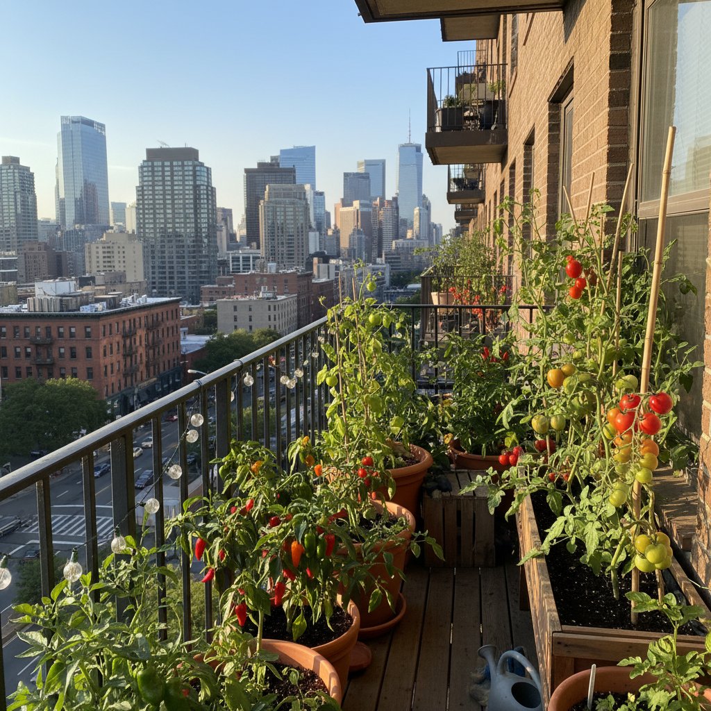 Pomidory balkonowe i papryka chili rosnące na południowym balkonie, duża ekspozycja na słońce