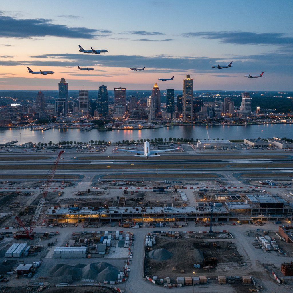 Photo of Baltimore cityscape, new developments near airport, mix of old and new buildings, visible flight path overhead