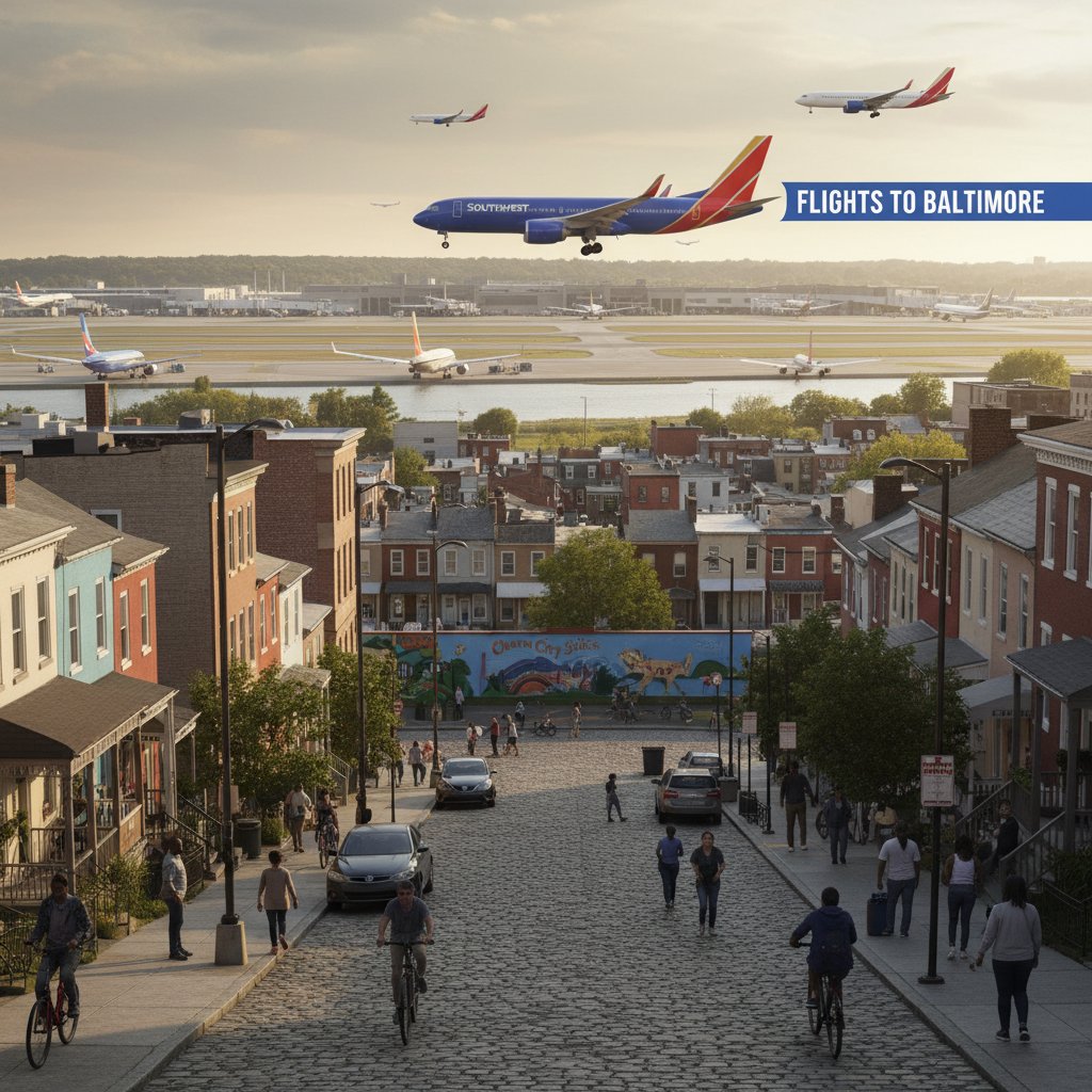 Photo of Baltimore neighborhood with visible airport in background, local residents and travelers mingling