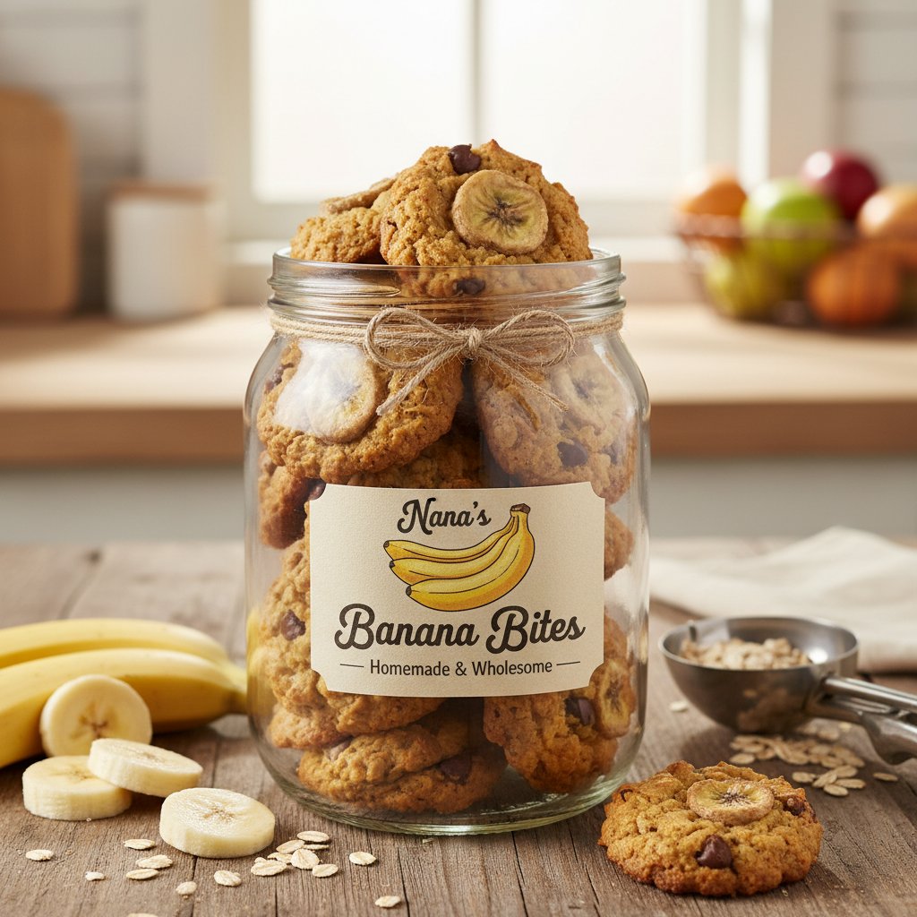 Ciasteczka bananowe w szklanym słoiku z etykietą, sposób na przechowywanie domowych wypieków