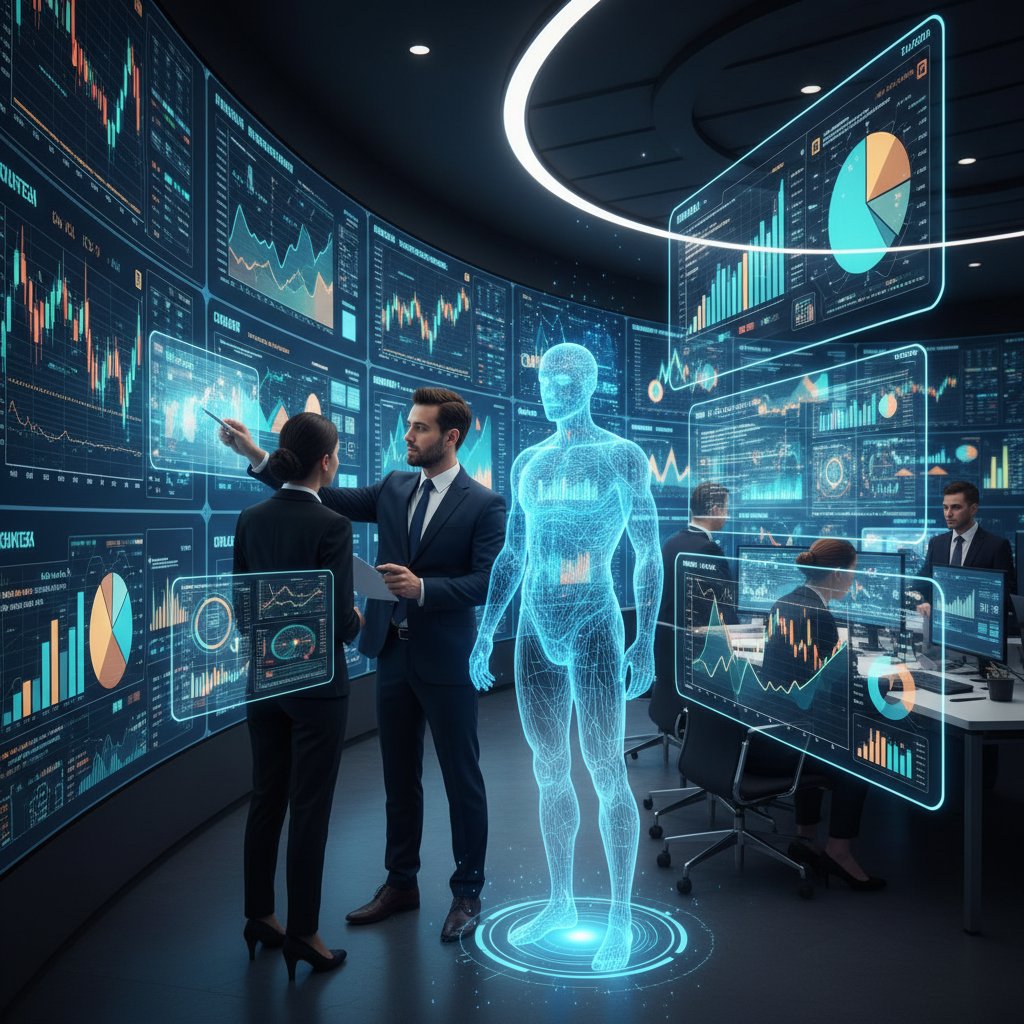 Pracownicy dużego banku analizują wyniki wdrożenia AI przy cyfrowych ekranach